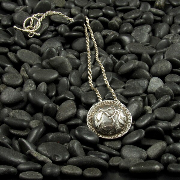 Handmade Sterling Silver Round Domed Pendant with Leaf and Vine Design, Sterling Silver Metal Clay.