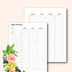 Könnte beinhalten: Druckbarer Wochenplaner mit floralem Design. Der Planer enthält Abschnitte für Termine, Notizen und einen Tagesplan von 7:00 Uhr bis 20:00 Uhr.