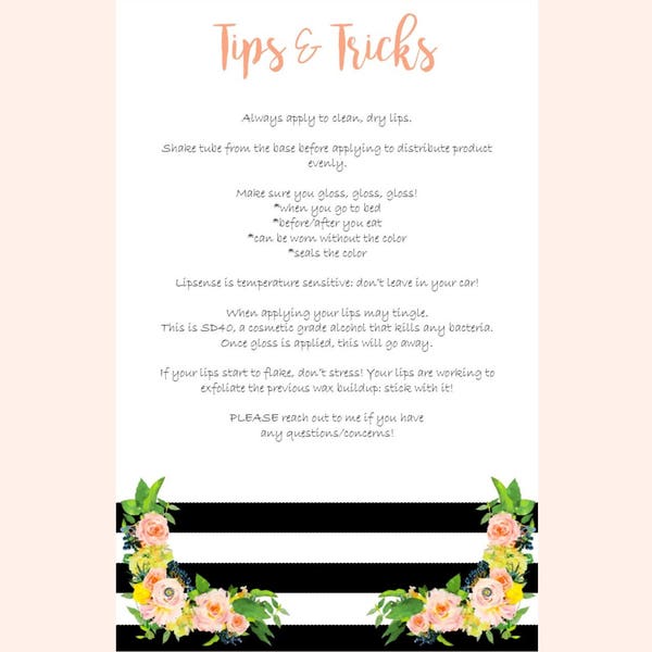 Lipsense Tipps und Tricks, Personalisierte Senegence, Digitale Lipsense Party Ausdrucke, Schwarze & Weiße Pfirsichblumen