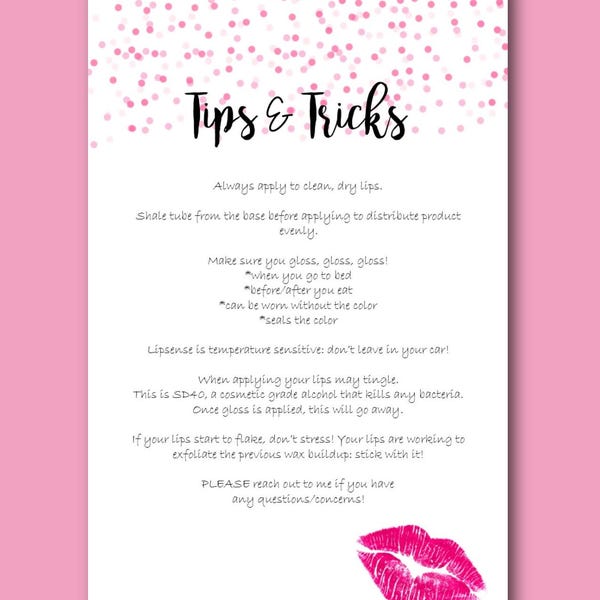 Lipsense Tipps und Tricks, Personalisierte Senegence, Digitale Lipsense Party Ausdrucke, Rosa Konfetti mit Lippen