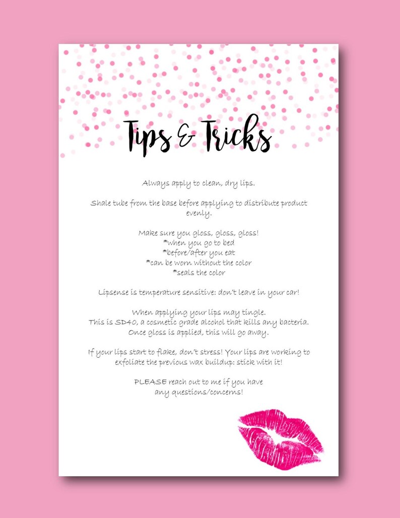 Personalized Senegence Lipsense Tips and Tricks Digital Lipsense Party Printables Pink Confetti with Lips