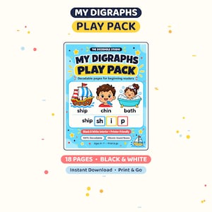 May include: A My Digraphs Play Pack educational workbook cover featuring the text My Digraphs Play Pack, Decodable pages for beginning readers, and illustrations of a ship, a chin, and a bath. Includes Elkonin sound boxes and 18 pages.