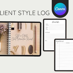 Peut inclure: Un planificateur numérique pour coiffeurs avec un fond rose et le texte "Style & Details Client Information Record". Le planificateur comprend des sections pour les informations client, l'enregistrement des formules et les notes.