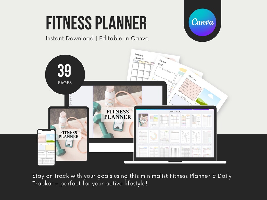39-page Fitness Planner | Printable & Editable Canva Template | Daily ...