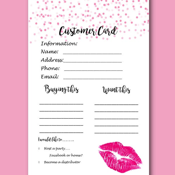 Lipsense Kundenkarte, Personalisierte Senegence, Digitale Lipsense Party Ausdrucke, Rosa Konfetti mit Lippen