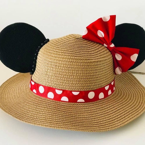 Mouse Ears Woman Fedora Sun Straw Hat With Polka Dots Minnie Etsy