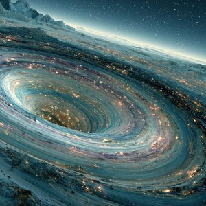May include: A digital illustration of a massive, swirling vortex on a planetary surface, featuring deep blue and white hues with glowing golden lights scattered throughout the spiral, set against a dark, star-filled night sky above.