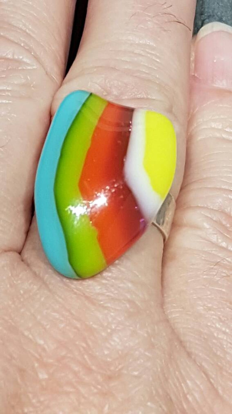 Glass ring fused glass ring designer ring Sterling Silver adjustable band Heart shaped glass cabouchon Valentines day ladies ring