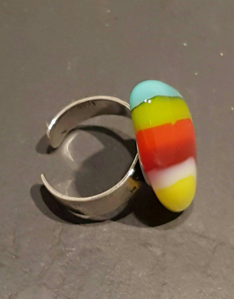 Glass ring fused glass ring designer ring Sterling Silver adjustable band Heart shaped glass cabouchon Valentines day ladies ring