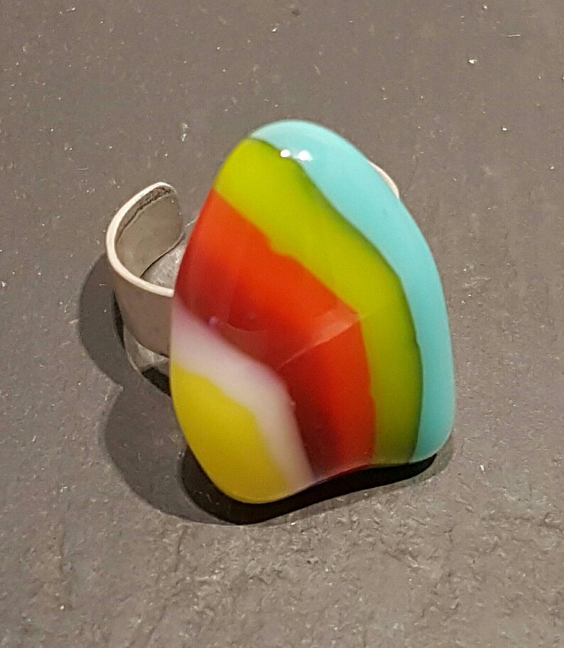 Glass ring fused glass ring designer ring Sterling Silver adjustable band Heart shaped glass cabouchon Valentines day ladies ring