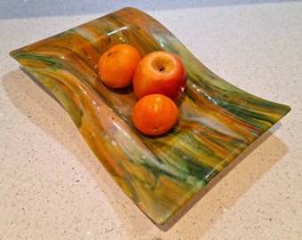 Fused glass bowl,unique speciality glass, oranges and greens, luxurious glass bowl, table centrepiece, fruit dish, candle bowl, Mother's day