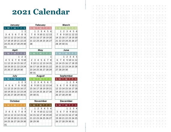 2021 Mini Calendar 2021 Year at a Glance Rainbow Calendar | Etsy