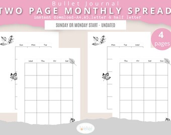 Printable Monthly Planner Insert, Two Page Spread, Undated Monthly, Instant Download, A4 A5 Half Letter & Letter size