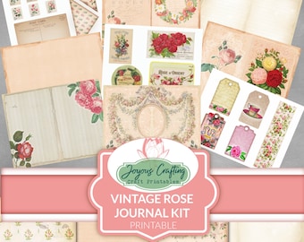 Vintage Rose Junk Journal Kit Printable – Shabby Rose Ephemera, Floral Junk Journal Pages, Victorian Scrapbook Paper, Rose Tags Pockets