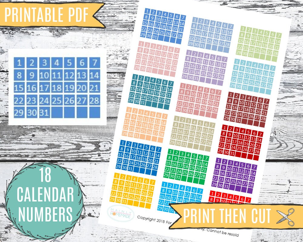 Mini Calendar Date Number Stickers Printable Rainbow Monthly Etsy