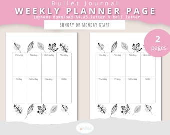 One Page Weekly Bullet Journal Printable, Weekly Bujo Spread, Undated Weekly Layout, Fall Leaves, Bujo Templates, A4 A5 Letter & Half Letter