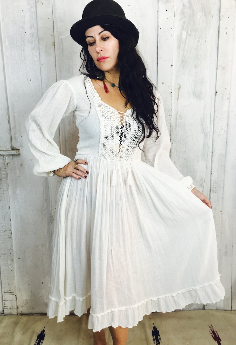 Vintage Gauzy Cotton Dress// Vintage White Goddess Dress//1970s