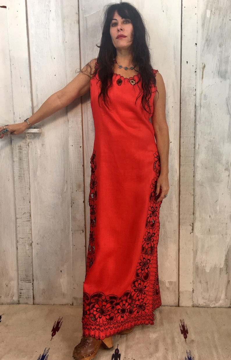 Vintage Cotton Maxi Dress// Maxi Gown Handmade// Red Cotton Maxi Dress// 1970's Dress image 4