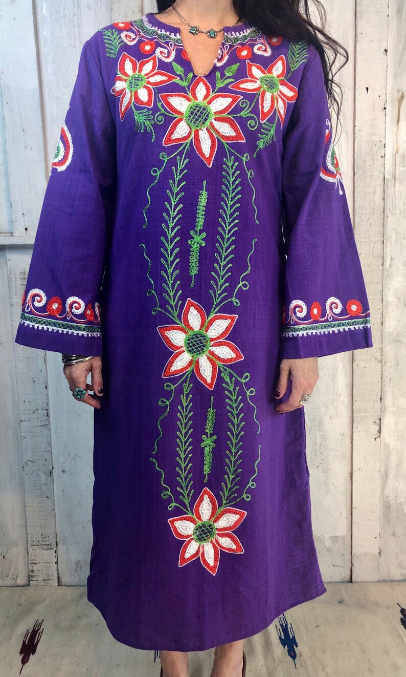 80’s India Black Cotton Caftan with Striped Yoke