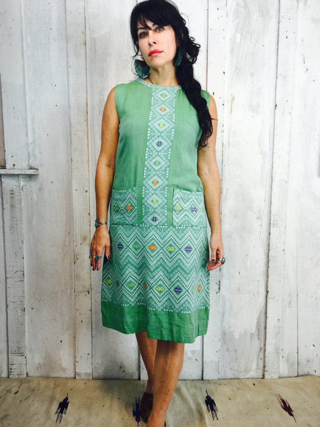 Vintage Artisan Guatemalan Dress//vintage Cotton Dress//1960's Sage ...