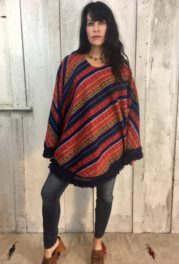 Vintage Handwoven Folk Art Pocket Poncho
