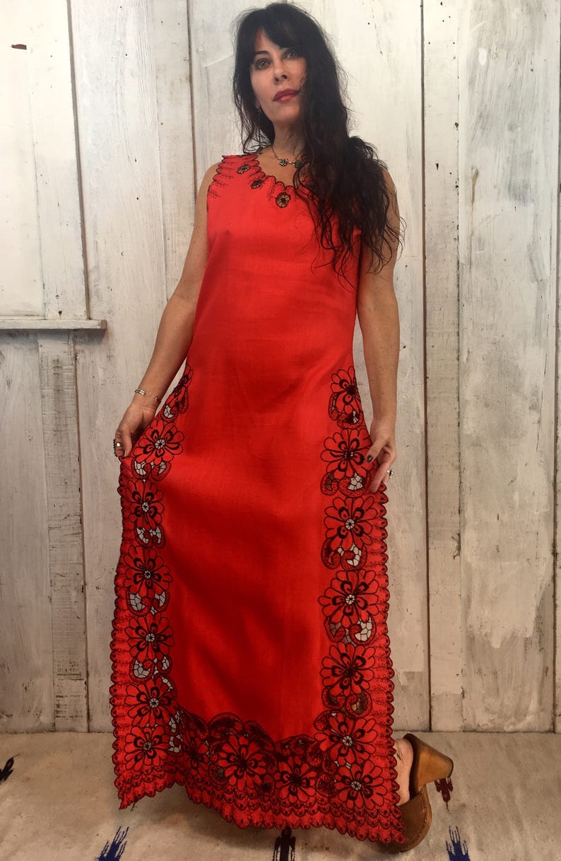 Vintage Cotton Maxi Dress// Maxi Gown Handmade// Red Cotton Maxi Dress// 1970's Dress image 1