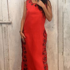 Vintage Cotton Maxi Dress// Maxi Gown Handmade// Red Cotton Maxi Dress// 1970's Dress image 2