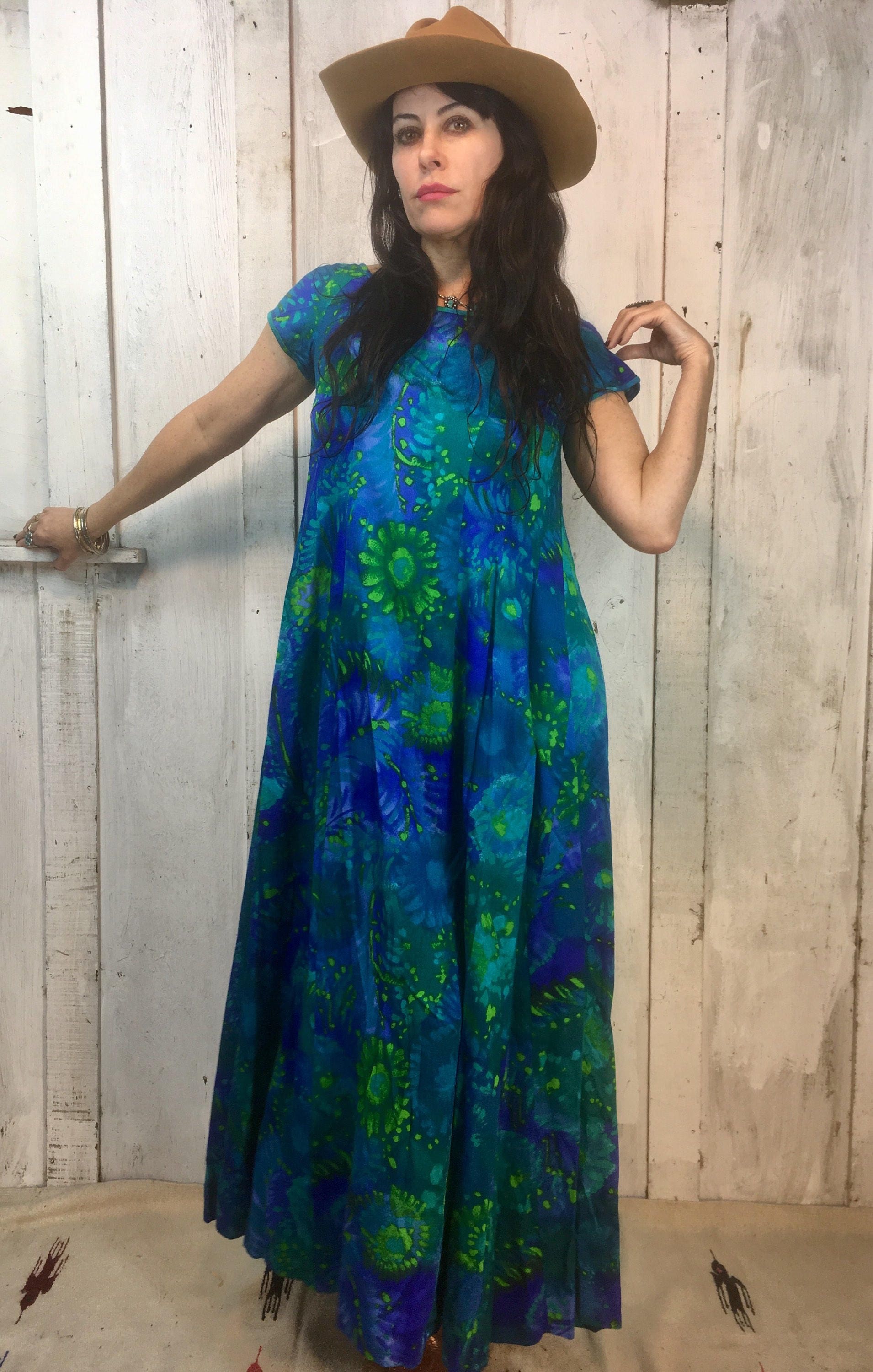 Vintage Maxi Dress//cosmic Blue and Green Cotton Dress// Bohemian ...