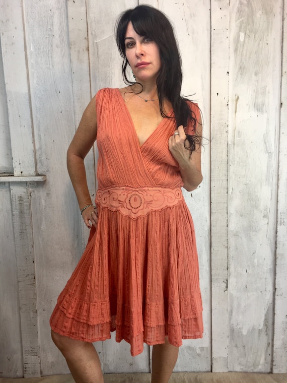 Vintage Gauze Cotton Dress// Flowy Greek mini Dres