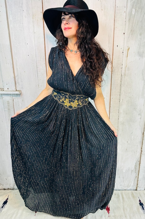 Vintage Gauze Dress// Black Grecian Cotton Dress /