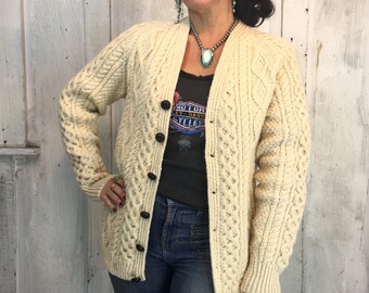 Vintage Sweater// Wool Sweater Cable Knit 70s// Vintage Wool Cardigan