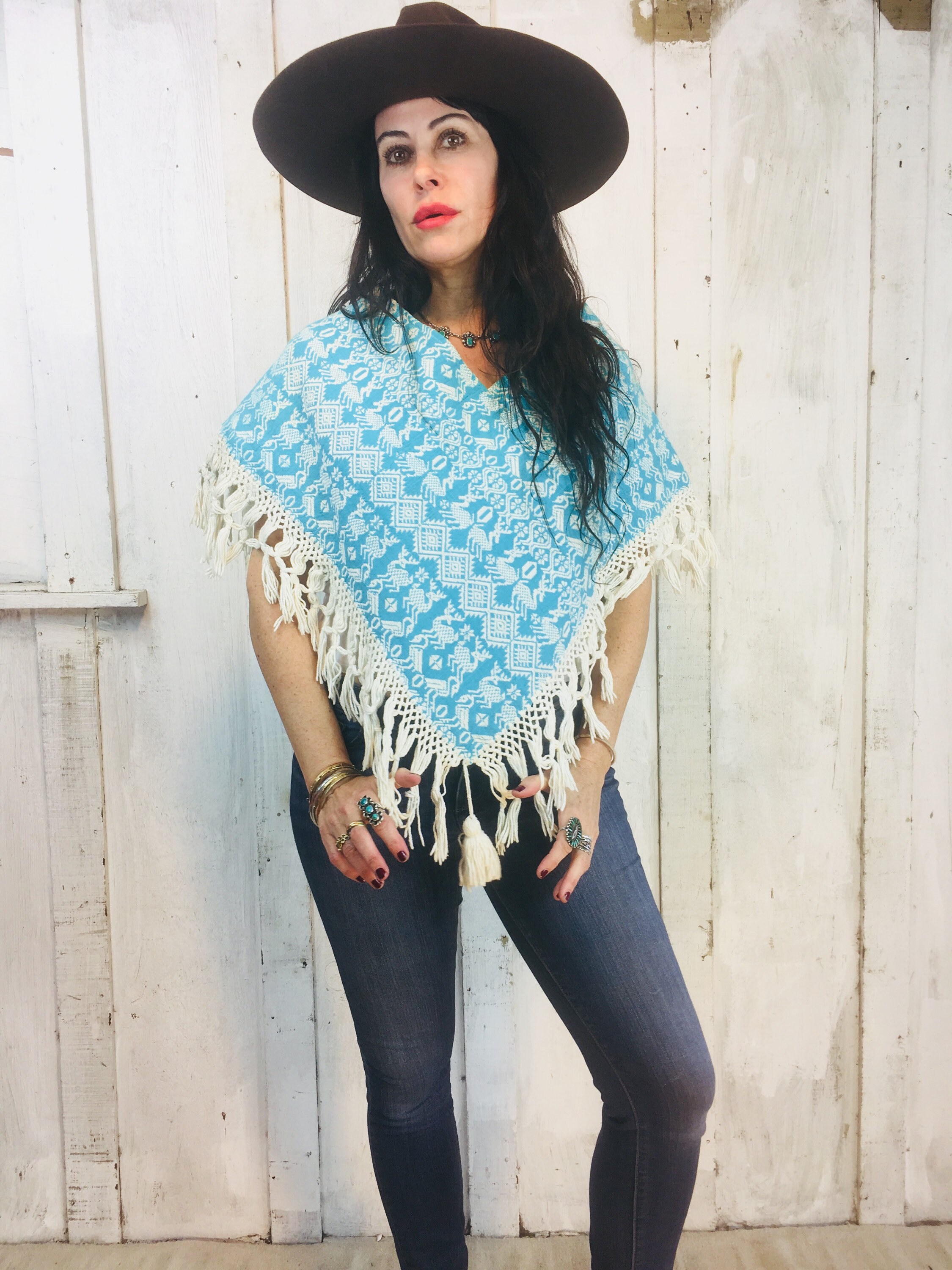 Vintage Mexican Poncho//embroidered Turqouise - Etsy