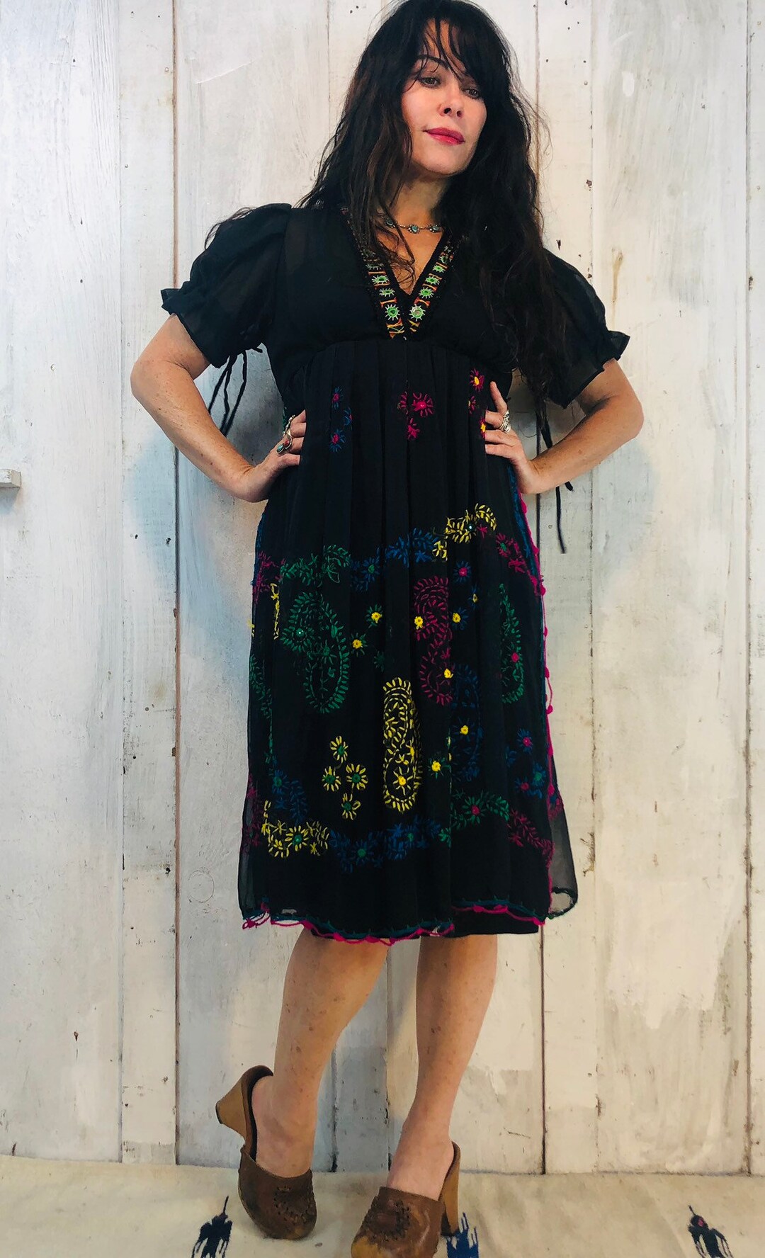 Vintage Indian Cotton Dress// Indian Embroidered Dress 1970s// Black ...