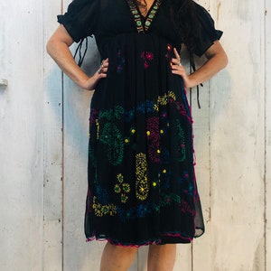 Vintage Indian Cotton Dress// Indian Embroidered Dress 1970s// Black Indian Chiffon Dress //Indian Handmade Maxi//Ethnic Hippie Dress