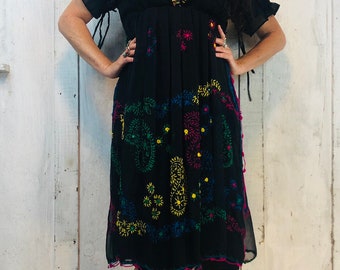 Vintage Indian Cotton Dress// Indian Embroidered Dress 1970s// Black Indian Chiffon Dress //Indian Handmade Maxi//Ethnic Hippie Dress