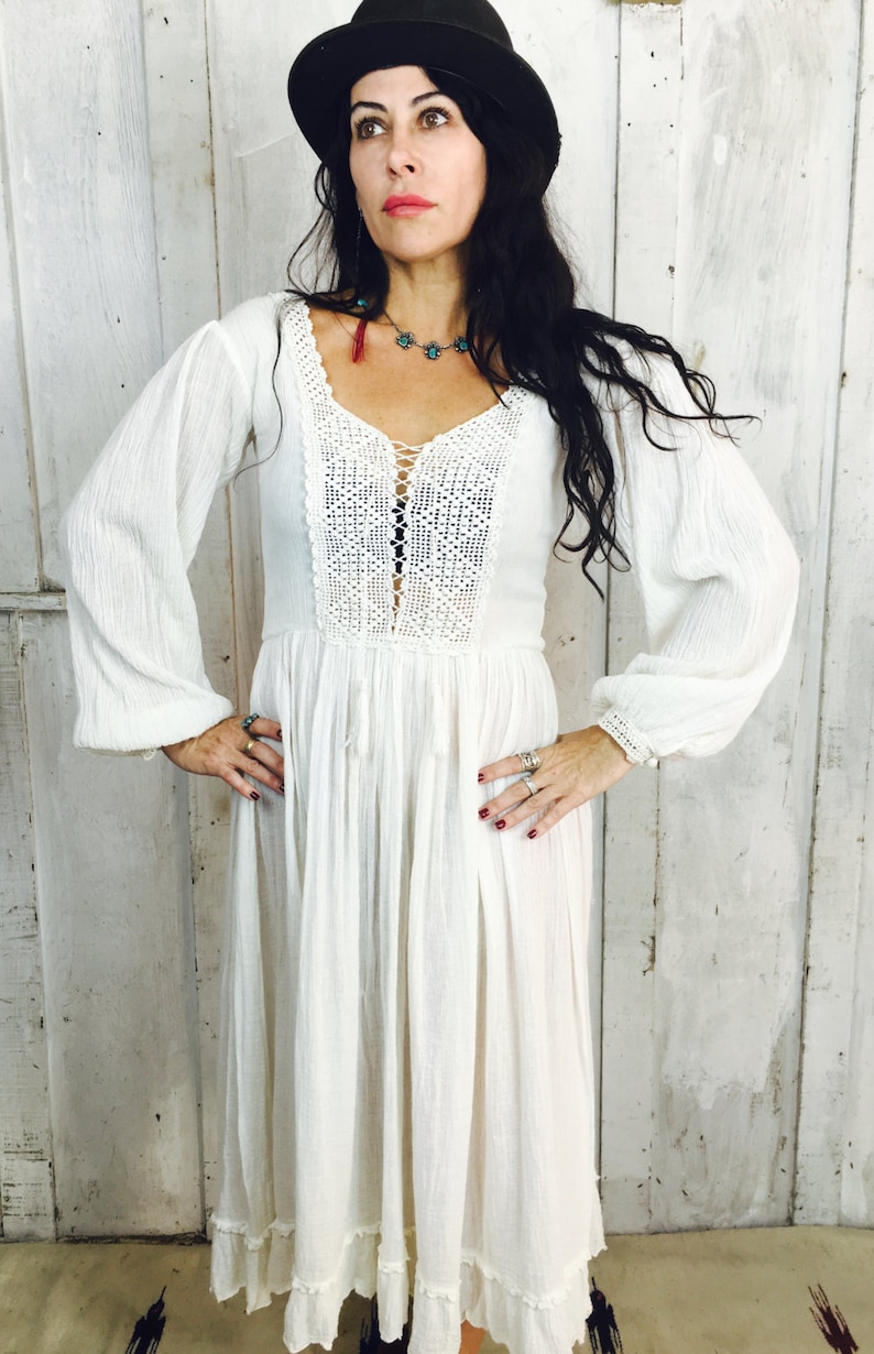 Vintage Gauzy Cotton Dress// Vintage White Goddess Dress//1970s