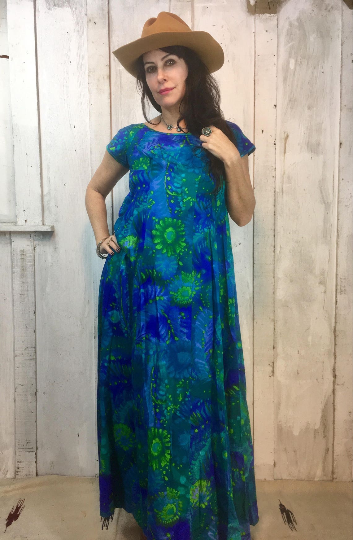 Vintage Maxi Dress//cosmic Blue and Green Cotton Dress// Bohemian ...