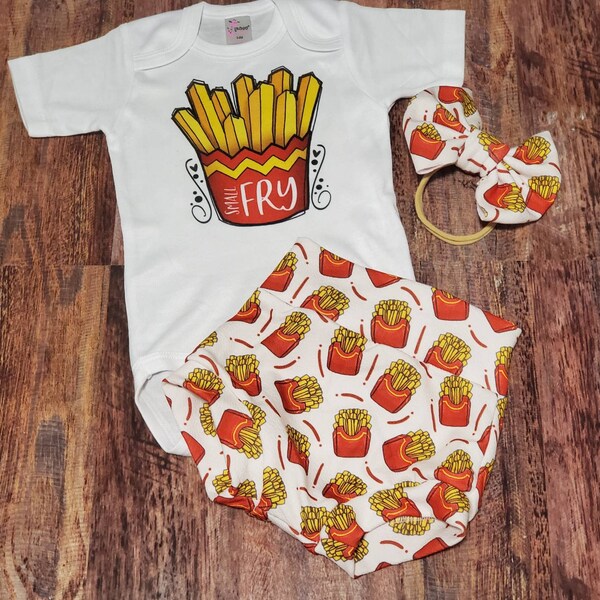 Cute small fry baby bummies outfit with matching bow, French fries print bummies, small fry bodysuit, baby girl bummies set