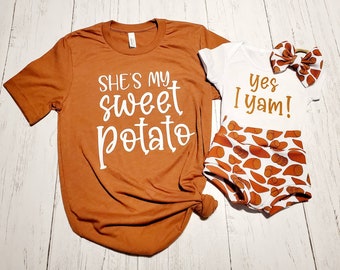 Mommy and me matching Thanksgiving shirts, she's my sweet potato, yes I yam. Toddler and baby Thanksgiving shirt, sweet potato bummies set