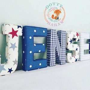 Hecho a mano, letras de tela, letras de tela hechas a mano, arte de la pared, guardería, dormitorio de los niños, niños, niñas cartas de tela personalizadas