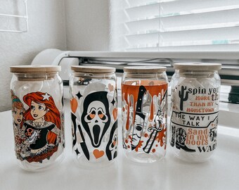 Discounted items - Christmas gift - UV dtf cup - Halloween vibes - Trendy - Tumbler - 16 oz glass can - Horror libbey - Horror cup