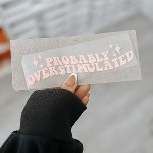 May include: A pink and white sticker with the text "PROBABLY OVERSTIMULATED" in a retro font style.