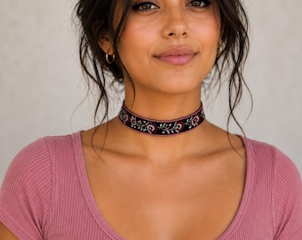 Embroidered Floral Choker Necklace, Shades of Pink, Black Background