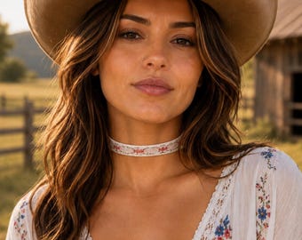 Pink Floral Embroidered Choker, Ivory Romantic Ribbon Necklace, Sweet Angel
