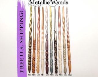 May include: Ten wooden wands with metallic paint finishes. The wands are twisted and have different colors, including gold, silver, copper, and pink. The wands are labeled M11 through M20. Free U.S. shipping.