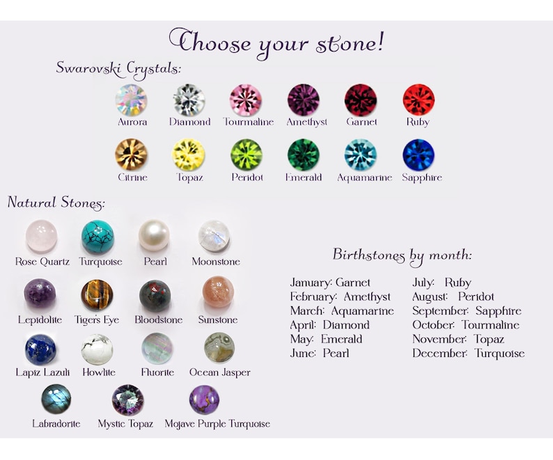 Puede incluir: Un gr&aacute;fico titulado Choose your stone que muestra cristales Swarovski y piedras naturales. Las opciones de Swarovski incluyen Aurora, Diamond, Tourmaline, Amethyst, Garnet, Ruby, Citrine, Topaz, Peridot, Emerald, Aquamarine y Sapphire. Las piedras naturales incluyen Rose Quartz, Turquoise, Pearl, Moonstone, Lepidolite, Tiger's Eye, Bloodstone, Sunstone, Lapis Lazuli, Howlite, Fluorite, Ocean Jasper, Labradorite, Mystic Topaz y Mojave Purple Turquoise, con una lista de piedras de nacimiento por mes.