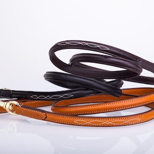 May include: Three rolled leather dog leashes in dark brown, black, and tan. Each leash features white decorative stitching in a diamond pattern and a polished brass swivel snap hook at the end. The leashes are coiled together on a white surface.