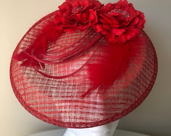 Red Sinamay Hatinator: Kentucky Derby Feather Fascinator