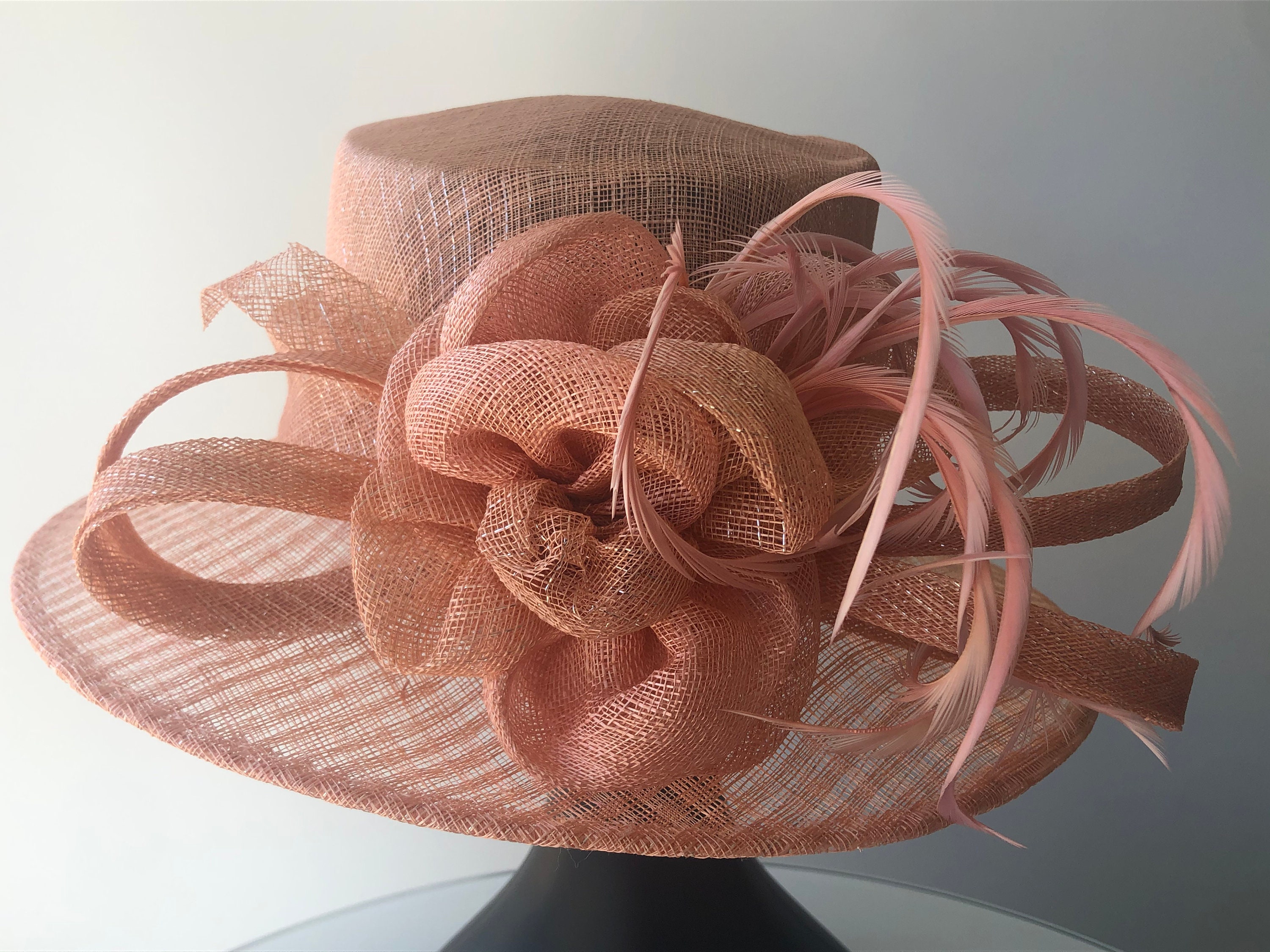 Blush Pink Sinamay Derby Hat, Feather Fascinator Headband - Etsy display picture 3