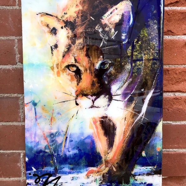 Mountain Lion Cougar Puma Schilderij Acryl en olie op Cradled Houten Paneel Originele Wildlife Art